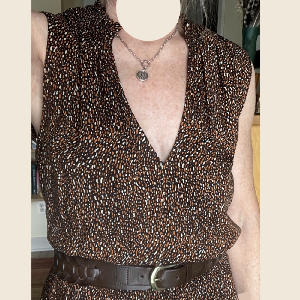 Midi Dress Brown & Gold  – Flattering Fit, Ruffle Hem – Size Small